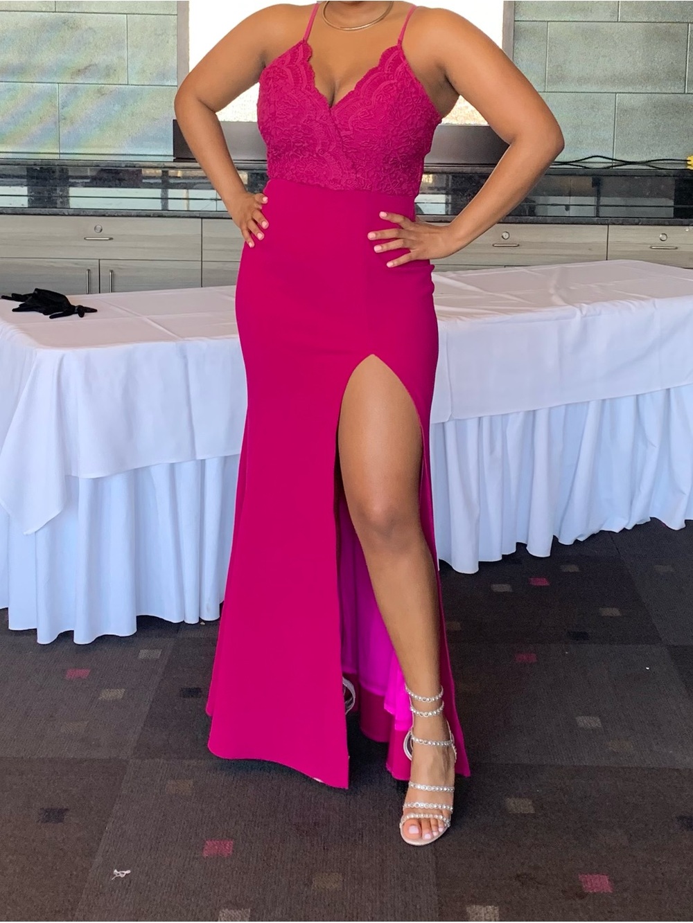Magenta Lace Bodice Formal Dress with High Slit